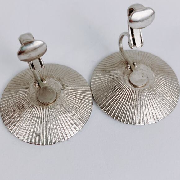 Signed Emmons Mid Century Earrings Sunburst Clip On 1950s 1960s Silver Tone - Picture 9 of 11